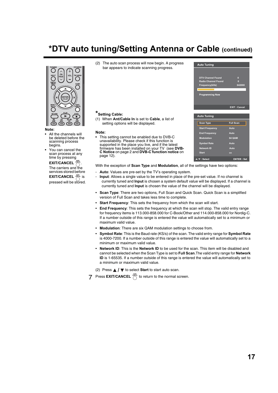 Dtv auto tuning/setting antenna or cable, Continued) | Toshiba DV734 User Manual | Page 17 / 92