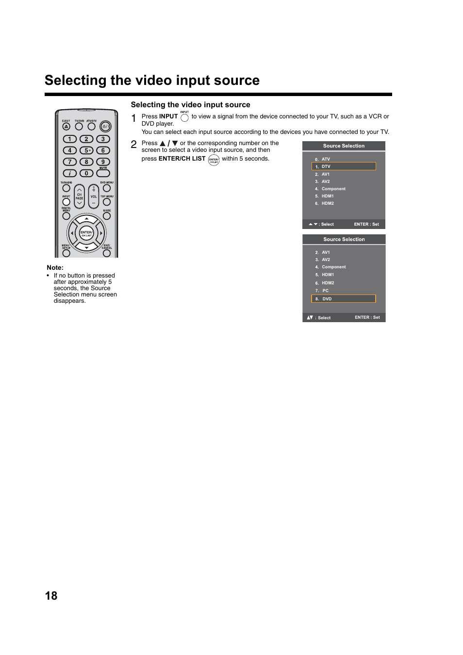 Selecting the video input source | Toshiba DV734 User Manual | Page 18 / 92