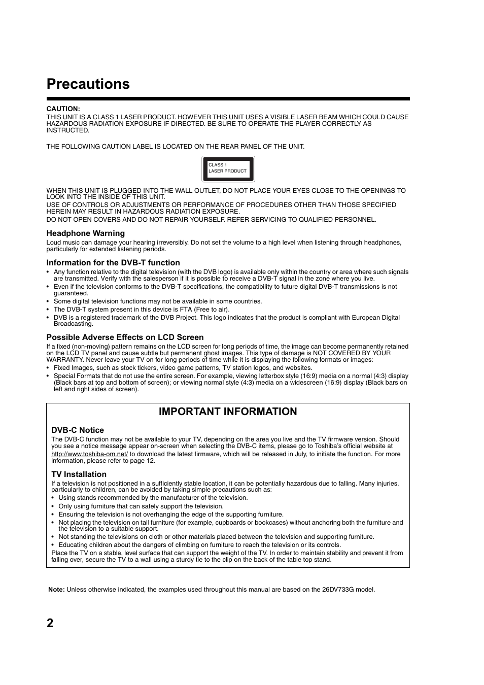 Precautions, Important information | Toshiba DV734 User Manual | Page 2 / 92