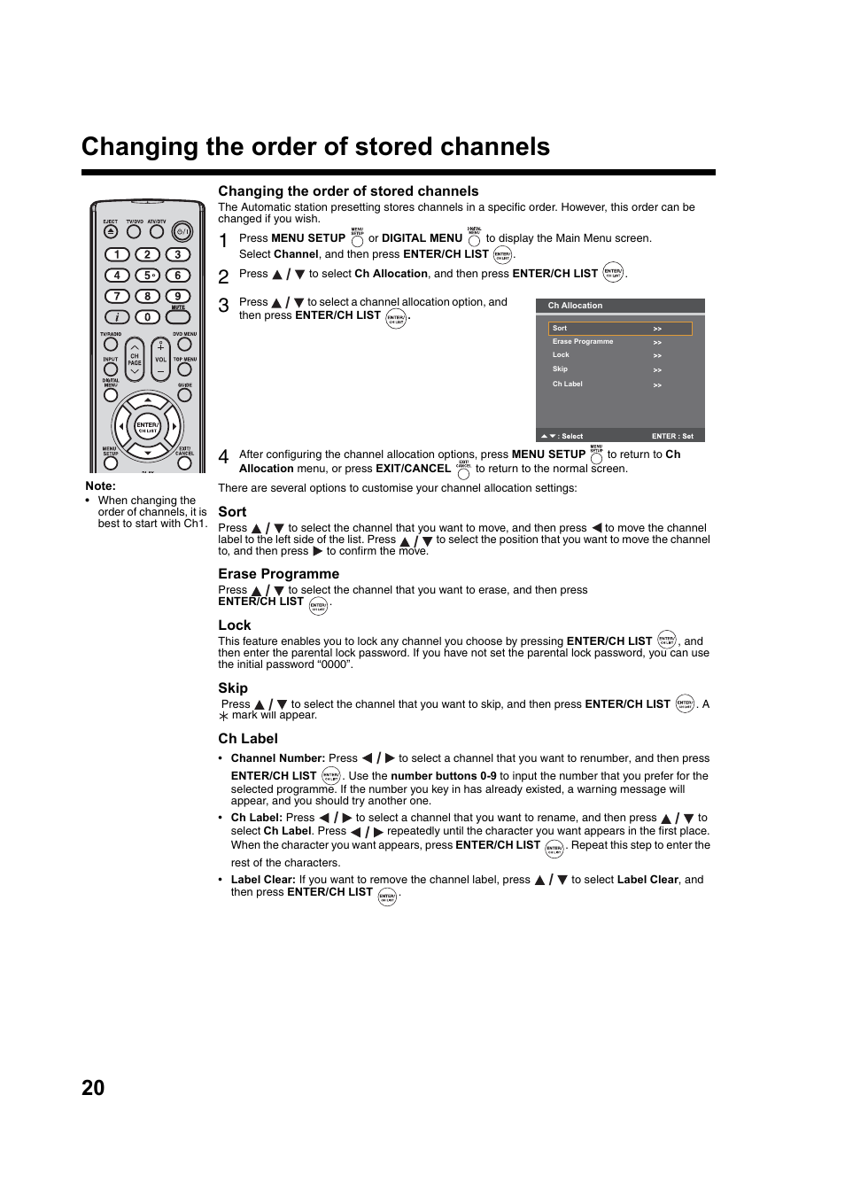 Changing the order of stored channels | Toshiba DV734 User Manual | Page 20 / 92