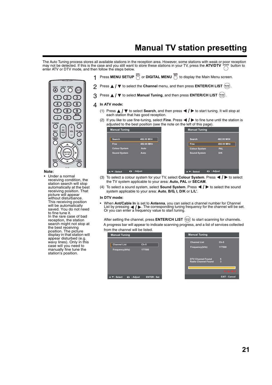Manual tv station presetting | Toshiba DV734 User Manual | Page 21 / 92