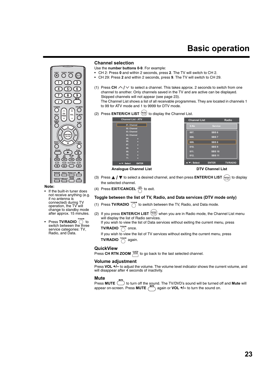 Basic operation, Channel selection, Quickview | Volume adjustment, Mute | Toshiba DV734 User Manual | Page 23 / 92