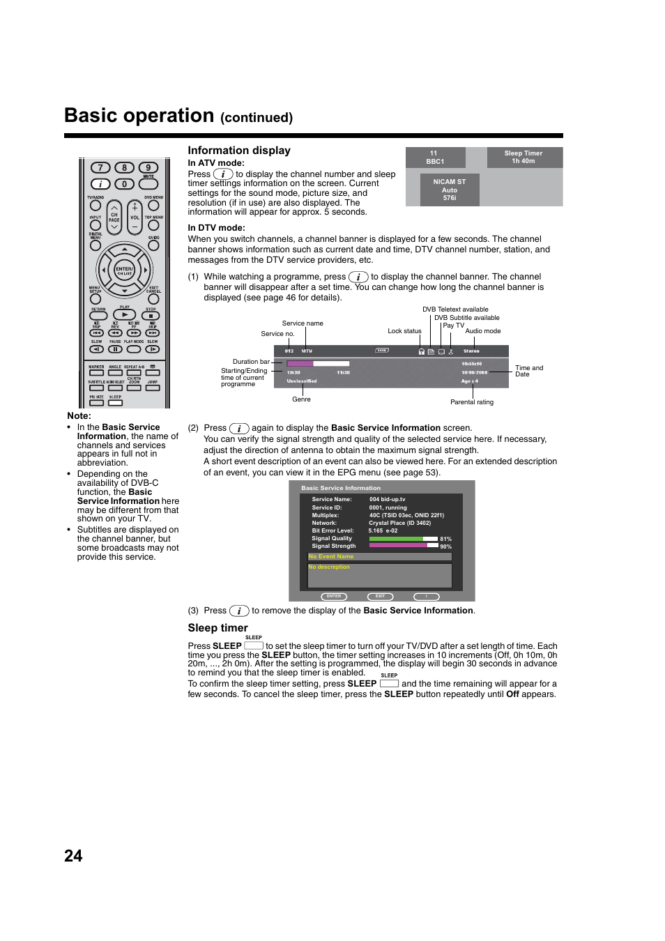 Basic operation, Continued), Information display | Sleep timer | Toshiba DV734 User Manual | Page 24 / 92