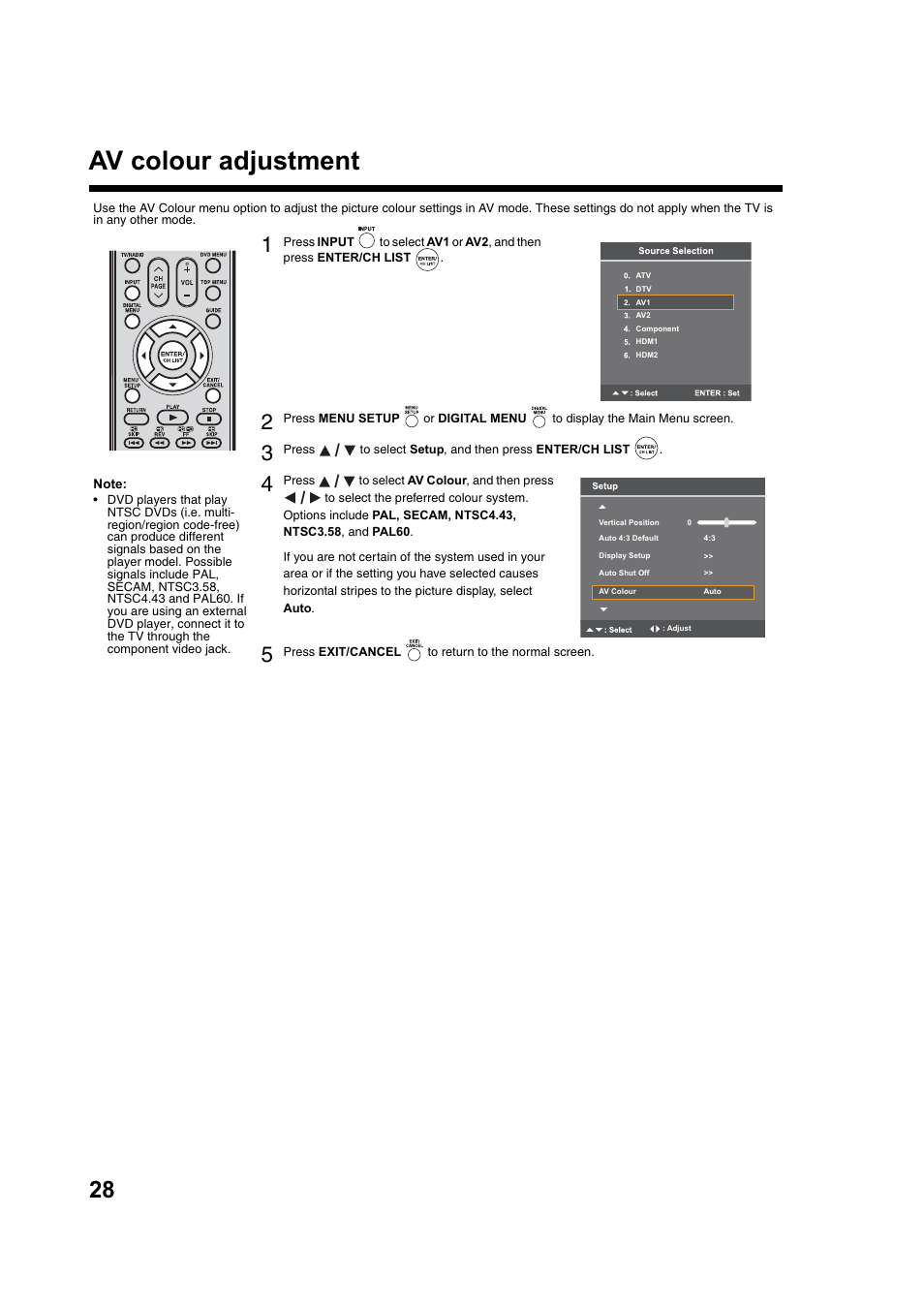 Av colour adjustment | Toshiba DV734 User Manual | Page 28 / 92