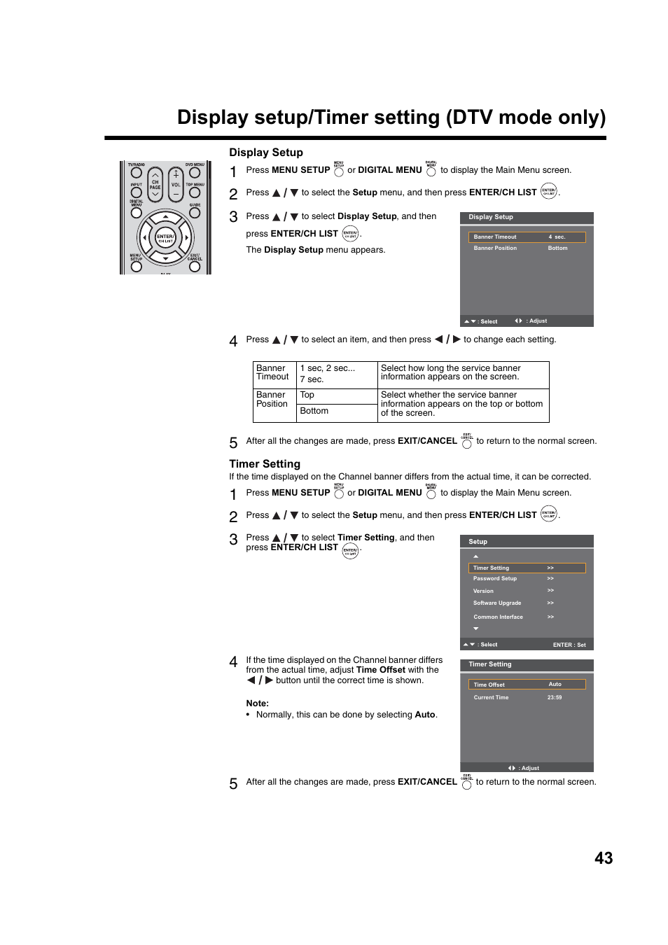 E 46, Display setup/timer setting (dtv mode only) | Toshiba DV734 User Manual | Page 43 / 92