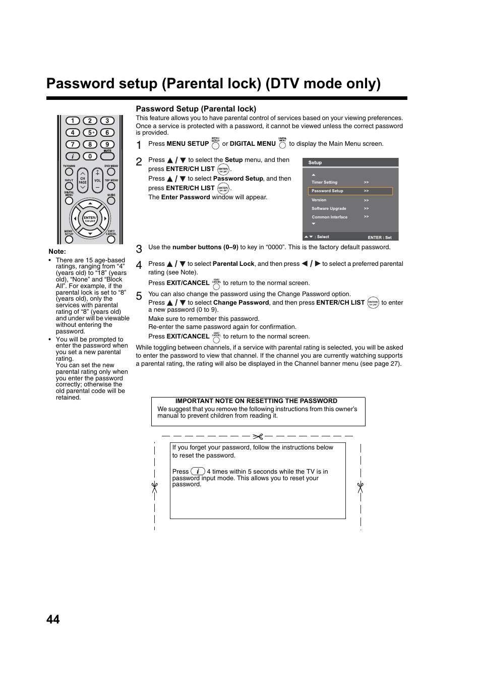 Password setup (parental lock) (dtv mode only) | Toshiba DV734 User Manual | Page 44 / 92