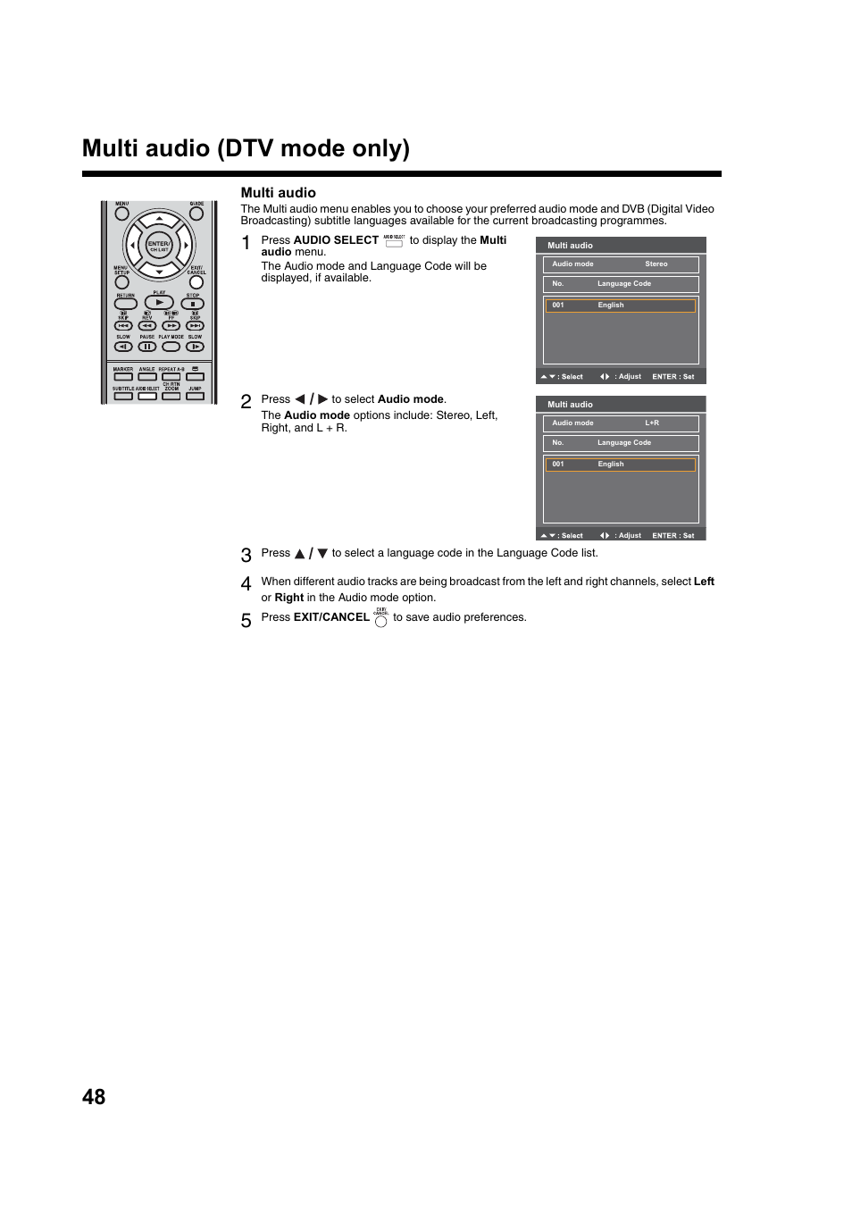 Multi audio (dtv mode only) | Toshiba DV734 User Manual | Page 48 / 92