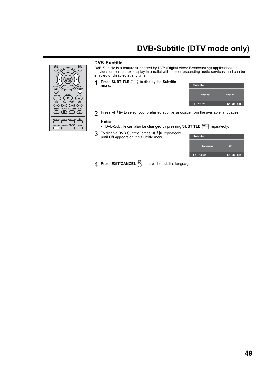 Dvb-subtitle (dtv mode only) | Toshiba DV734 User Manual | Page 49 / 92
