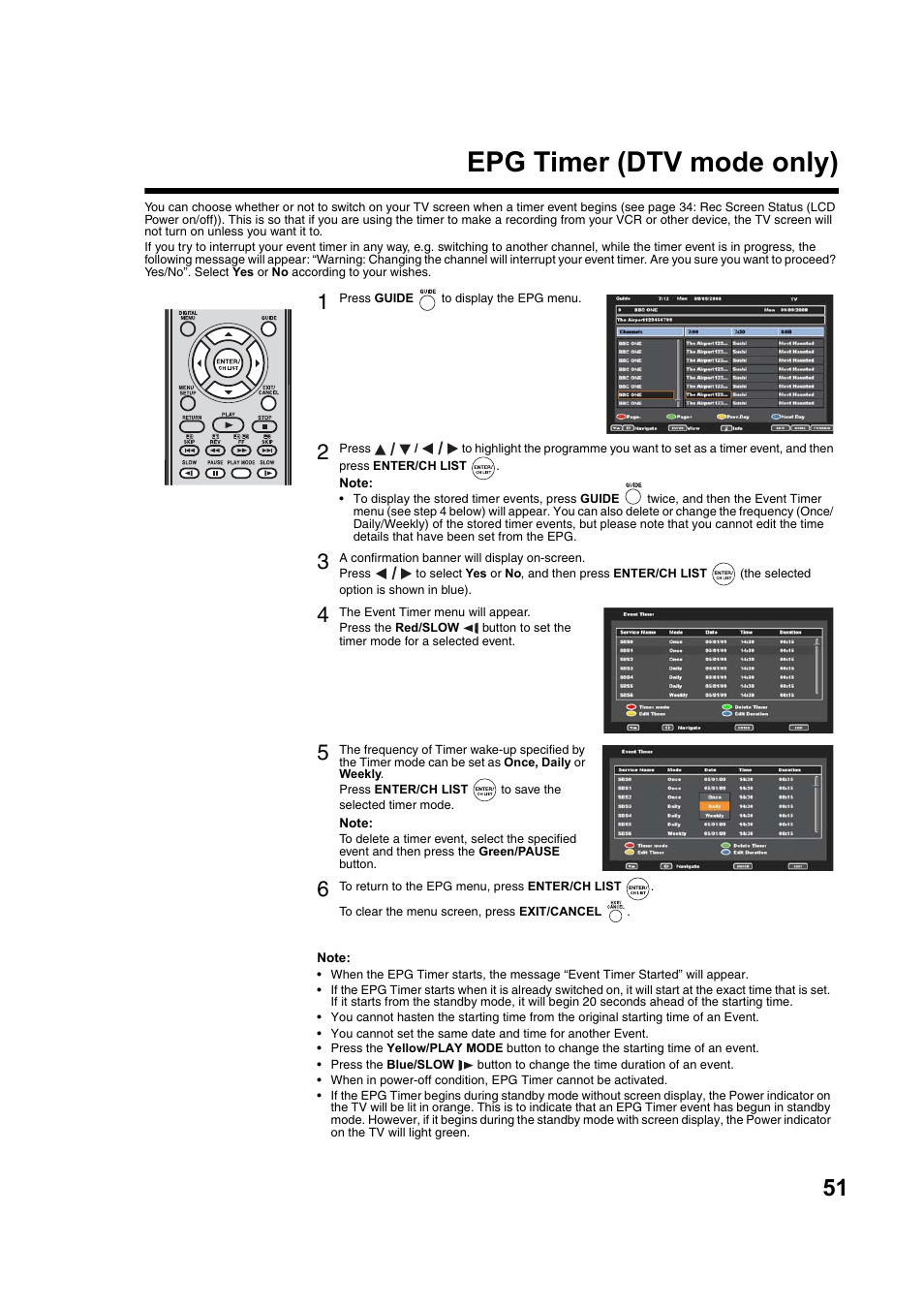 Epg timer (dtv mode only) | Toshiba DV734 User Manual | Page 51 / 92
