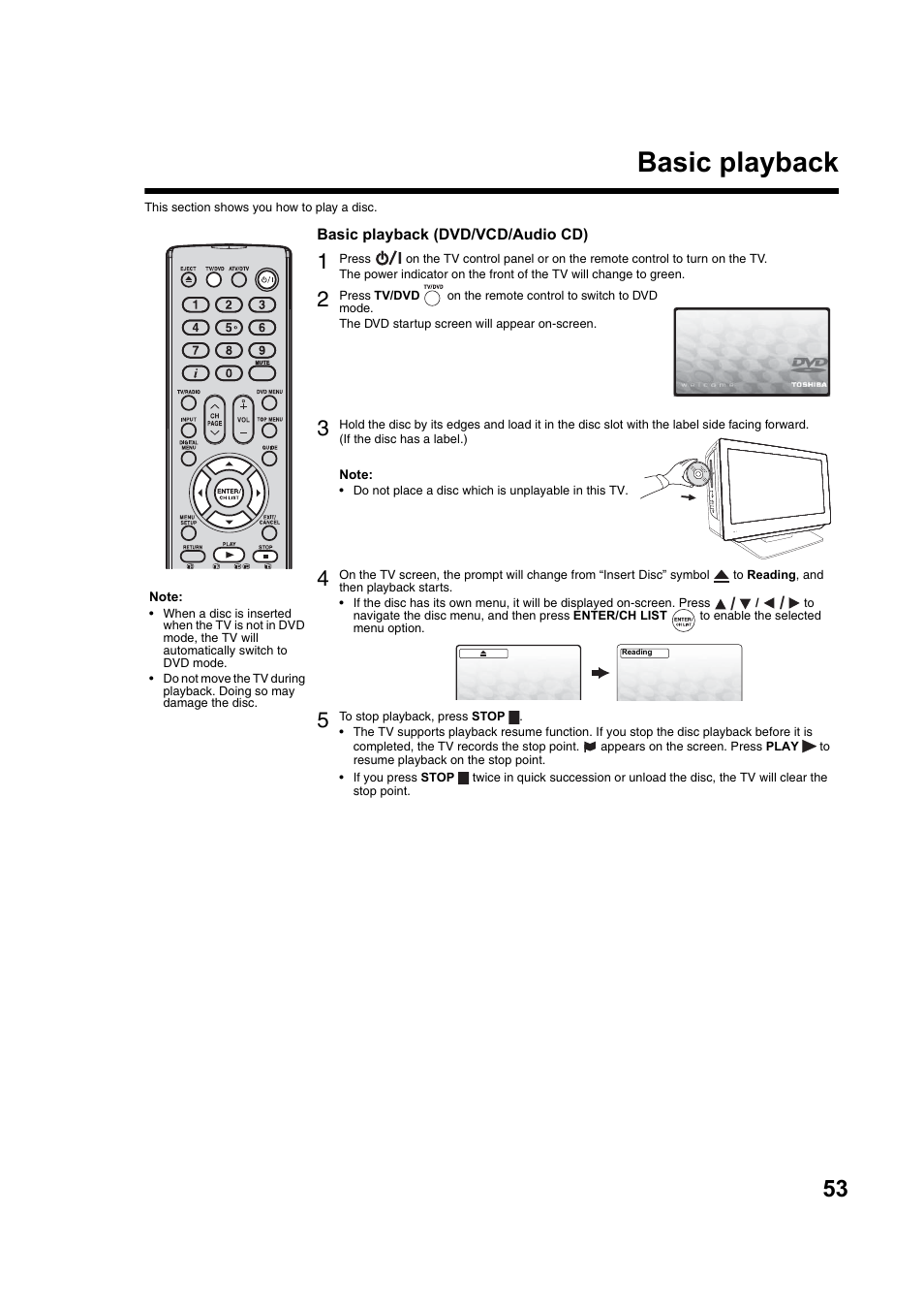 Basic playback | Toshiba DV734 User Manual | Page 53 / 92