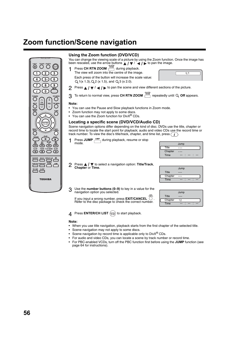 Zoom function/scene navigation | Toshiba DV734 User Manual | Page 56 / 92