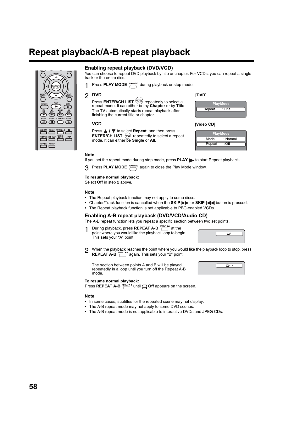 Repeat playback/a-b repeat playback | Toshiba DV734 User Manual | Page 58 / 92