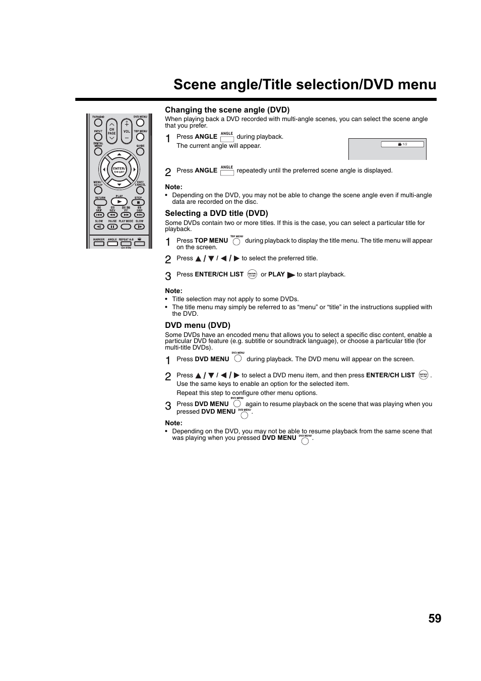 Scene angle/title selection/dvd menu | Toshiba DV734 User Manual | Page 59 / 92