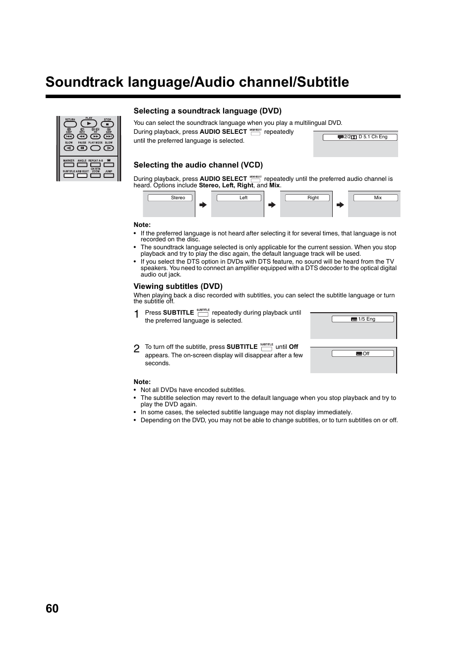 Soundtrack language/audio channel/subtitle | Toshiba DV734 User Manual | Page 60 / 92