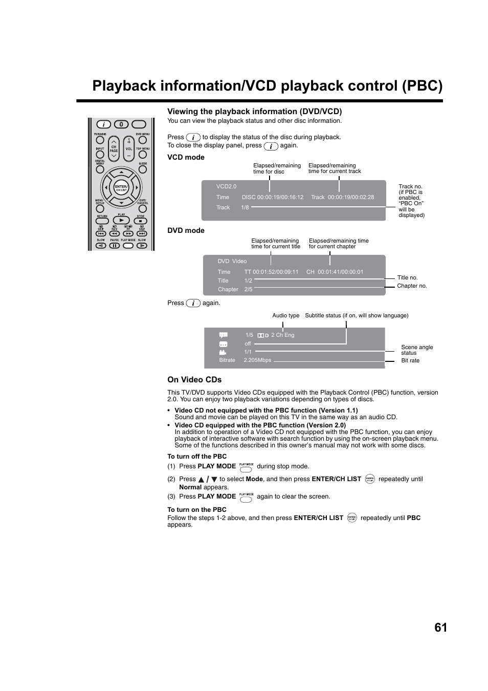 Playback information/vcd playback control (pbc) | Toshiba DV734 User Manual | Page 61 / 92