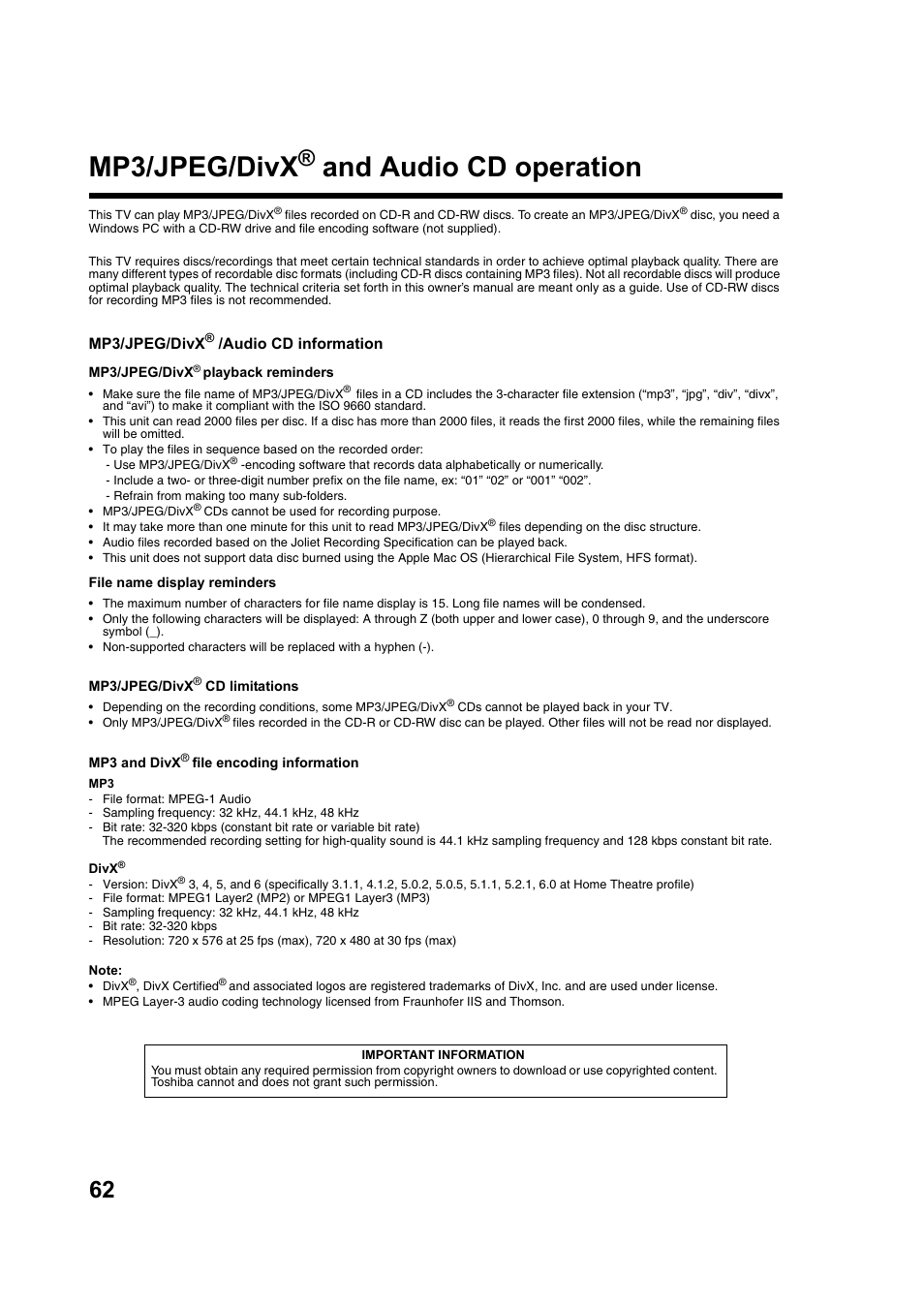 Mp3/jpeg/divx, And audio cd operation | Toshiba DV734 User Manual | Page 62 / 92