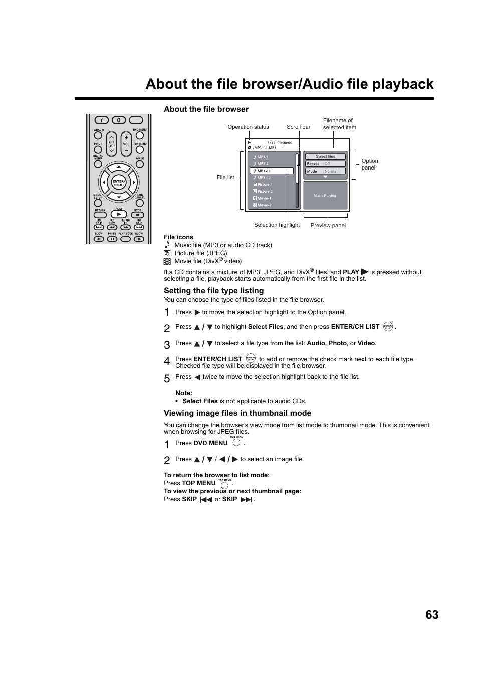 About the file browser/audio file playback | Toshiba DV734 User Manual | Page 63 / 92