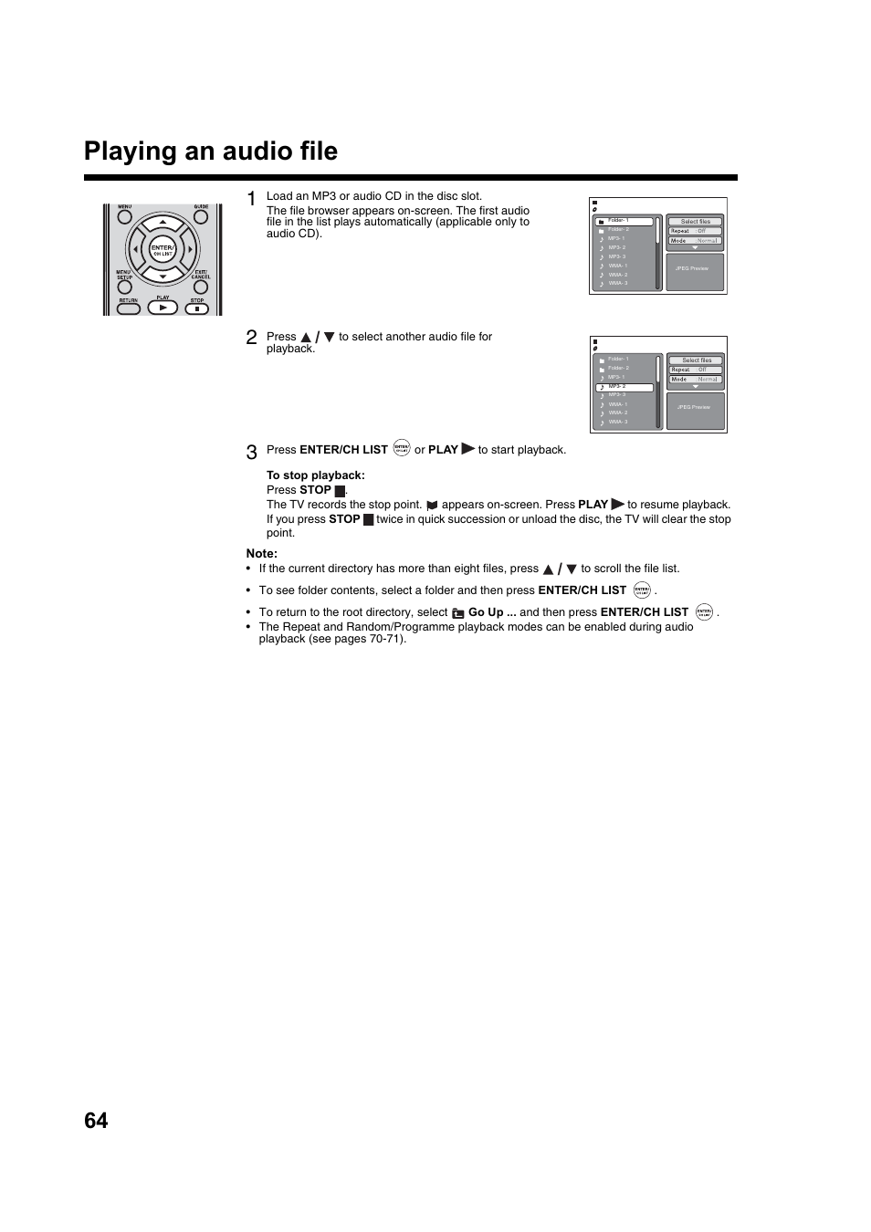 Playing an audio file | Toshiba DV734 User Manual | Page 64 / 92