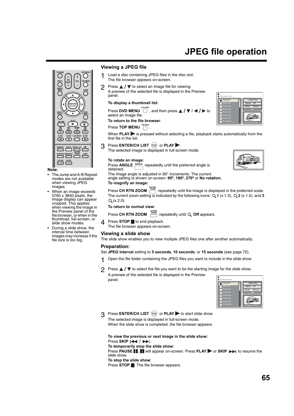 Jpeg file operation, Viewing a jpeg file, Viewing a slide show | Preparation | Toshiba DV734 User Manual | Page 65 / 92