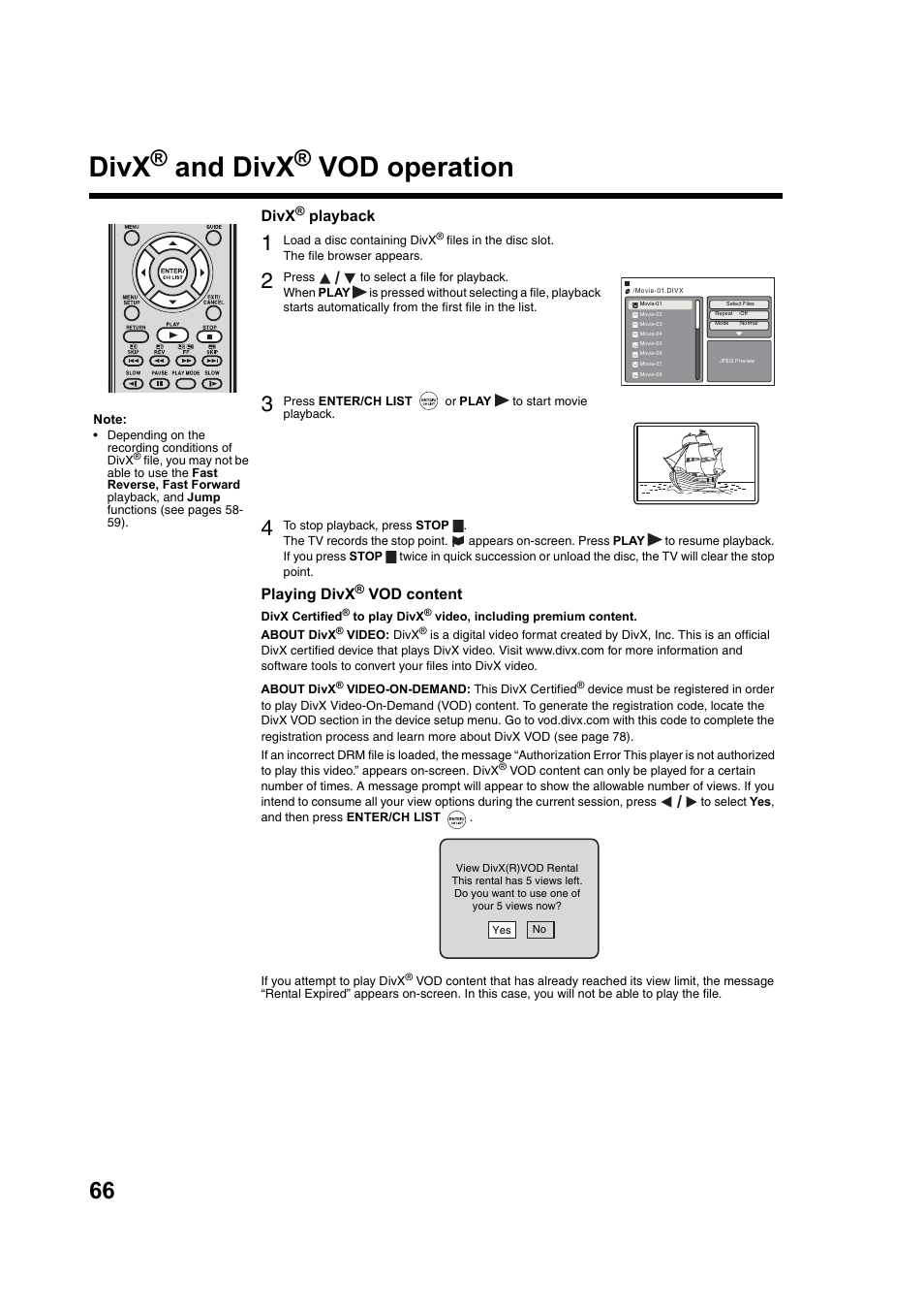 Divx, And divx, Vod operation | Toshiba DV734 User Manual | Page 66 / 92