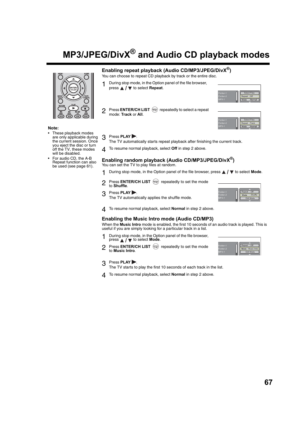 Mp3/jpeg/divx, And audio cd playback modes | Toshiba DV734 User Manual | Page 67 / 92