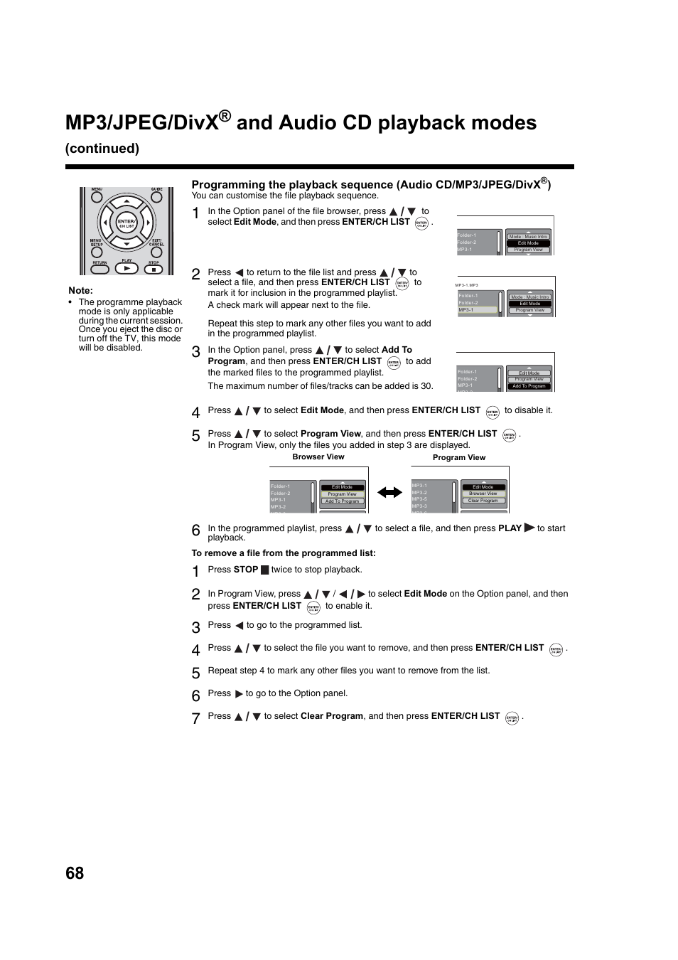 Mp3/jpeg/divx, And audio cd playback modes, Continued) | Toshiba DV734 User Manual | Page 68 / 92