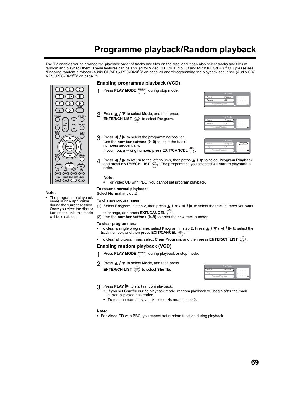 Programme playback/random playback | Toshiba DV734 User Manual | Page 69 / 92