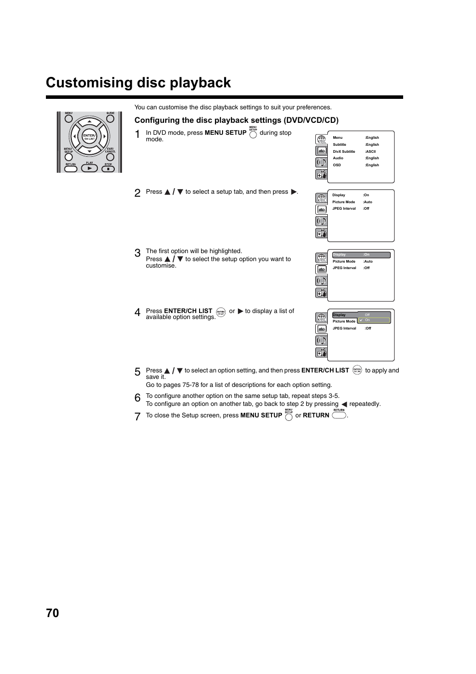 Customising disc playback | Toshiba DV734 User Manual | Page 70 / 92
