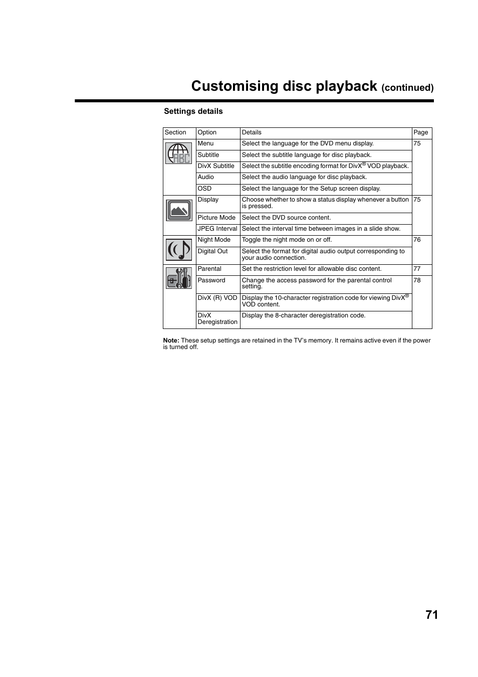 Customising disc playback, Continued) | Toshiba DV734 User Manual | Page 71 / 92