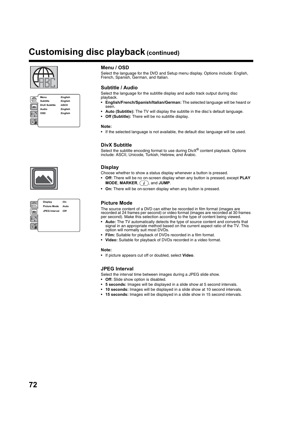 Customising disc playback, Continued), Menu / osd | Subtitle / audio, Divx subtitle, Display, Picture mode, Jpeg interval | Toshiba DV734 User Manual | Page 72 / 92