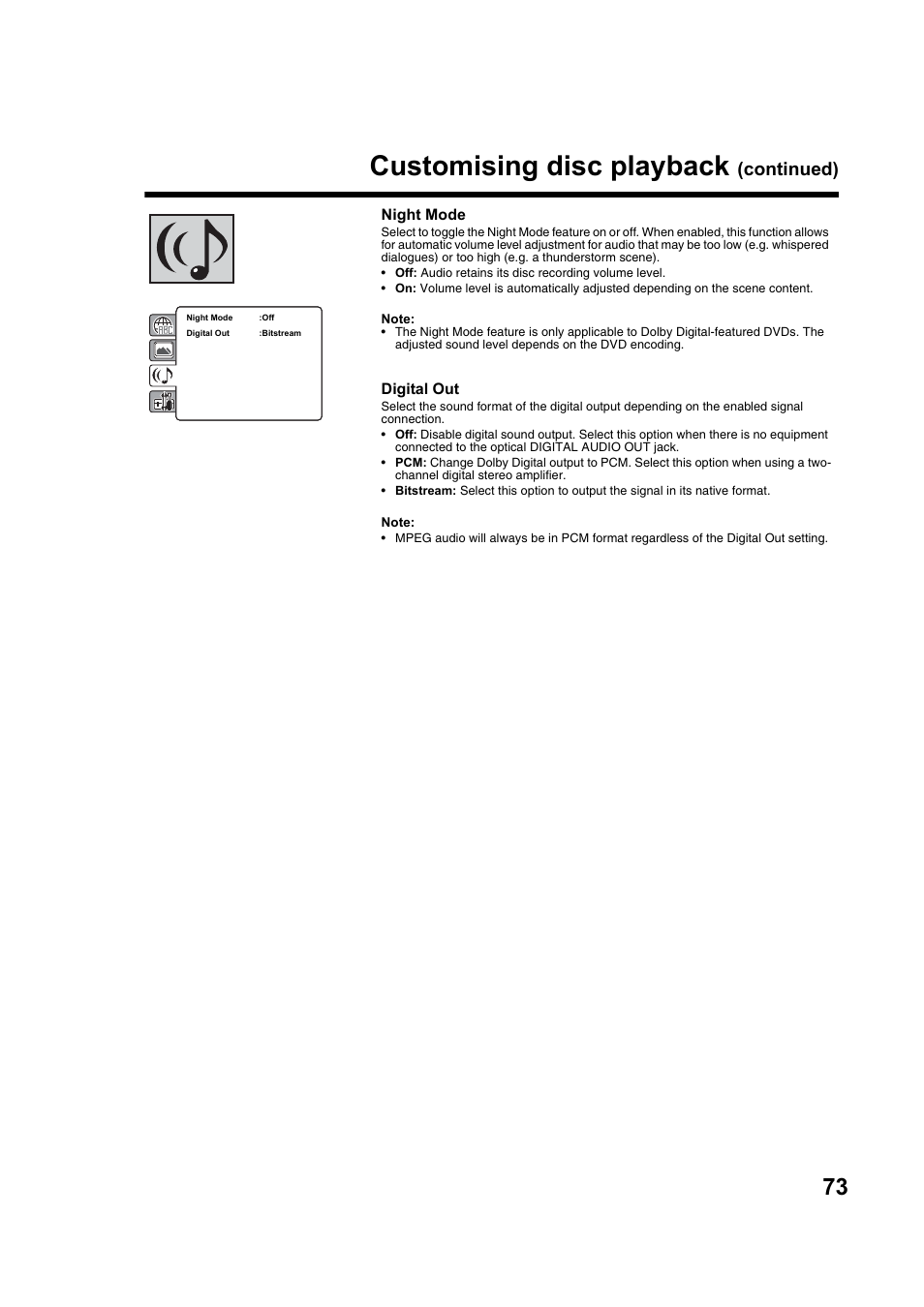 Customising disc playback, Continued), Night mode | Digital out | Toshiba DV734 User Manual | Page 73 / 92