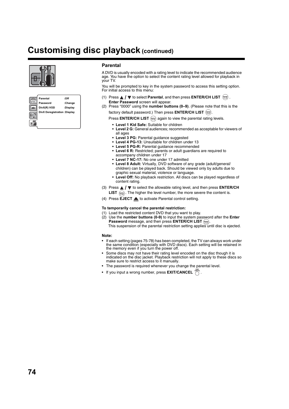 Customising disc playback, Continued), Parental | Toshiba DV734 User Manual | Page 74 / 92