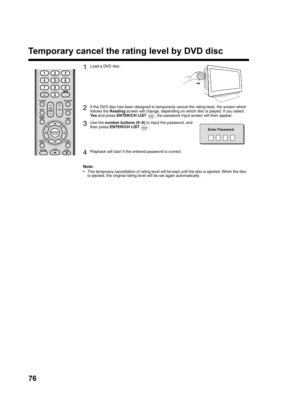 Temporary cancel the rating level by dvd disc | Toshiba DV734 User Manual | Page 76 / 92