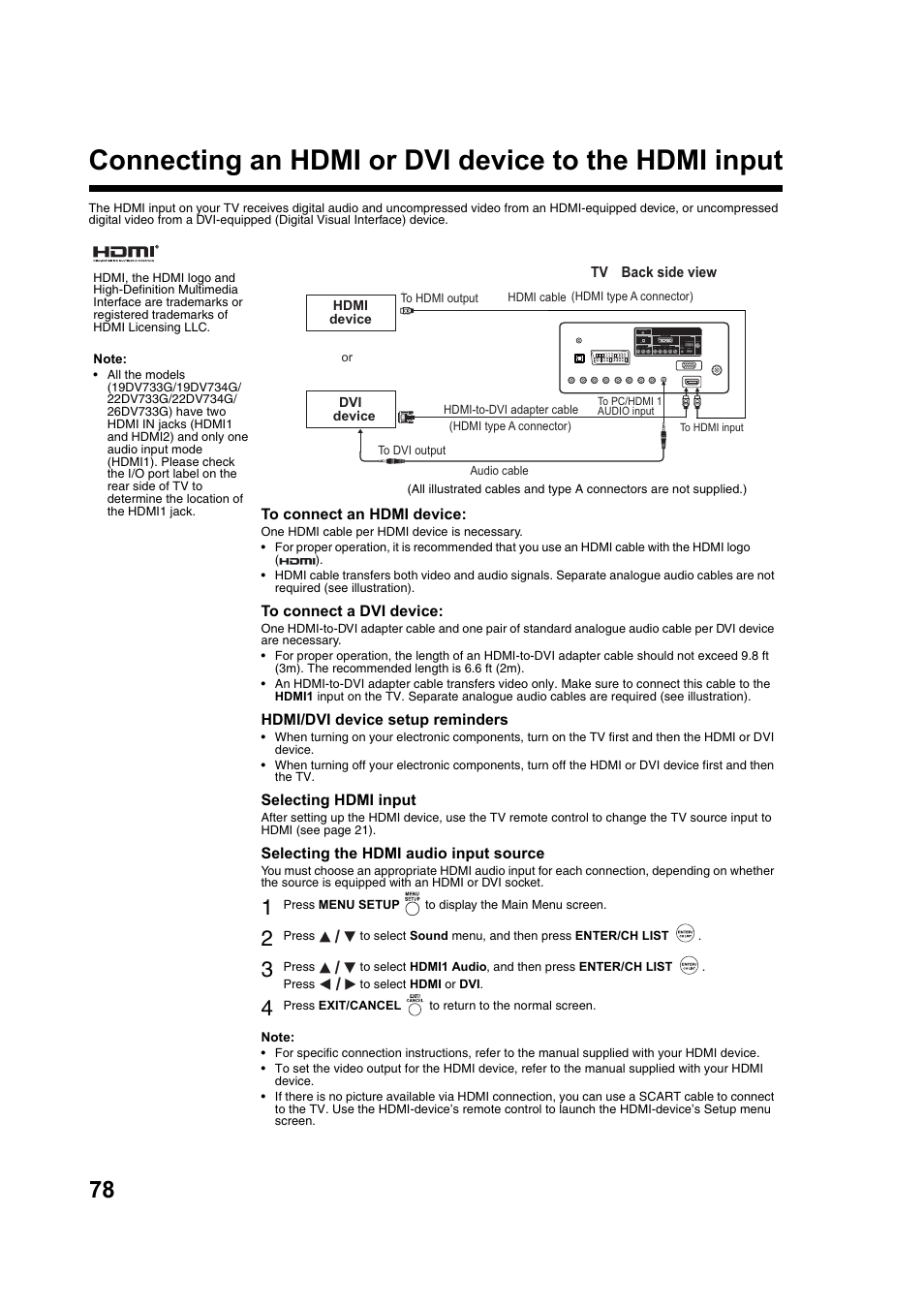 Connecting an hdmi or dvi device to the hdmi input | Toshiba DV734 User Manual | Page 78 / 92