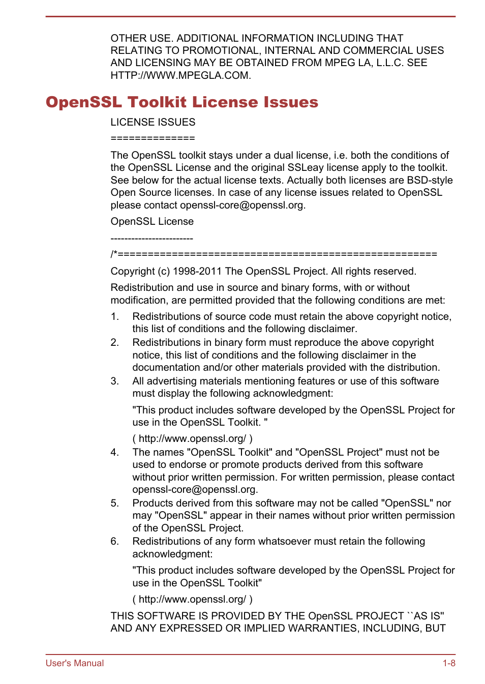 Openssl toolkit license issues, Openssl toolkit license issues -8 | Toshiba WT8-B User Manual | Page 11 / 94