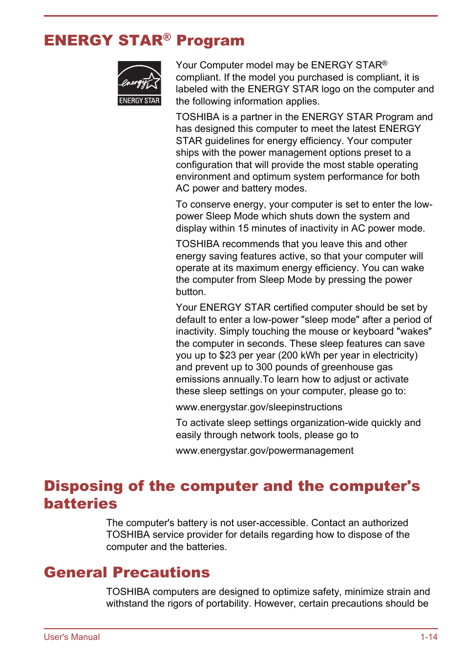 Energy star® program, General precautions, Energy star | Program | Toshiba WT8-B User Manual | Page 17 / 94