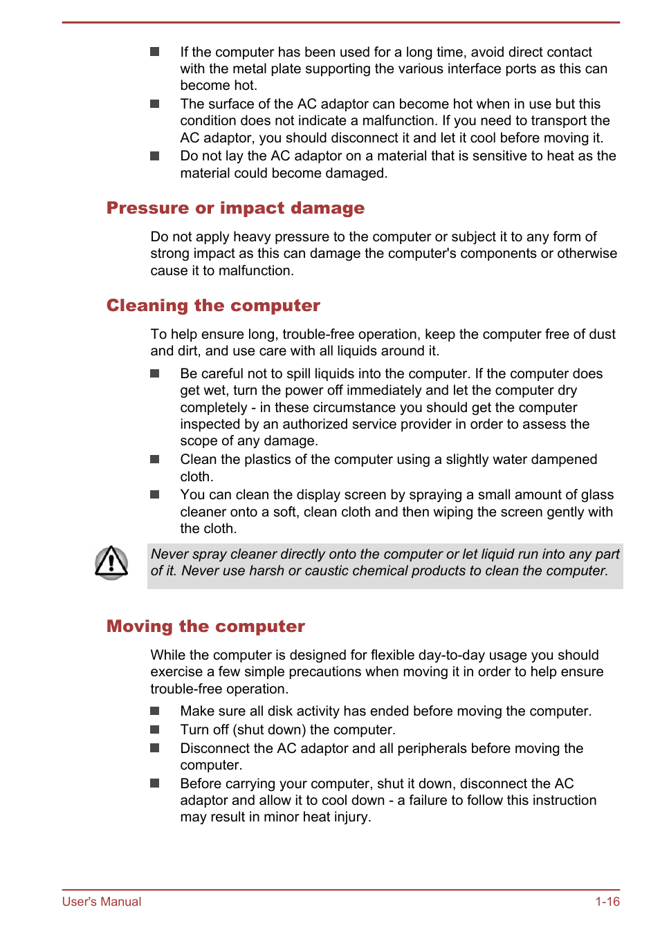 Pressure or impact damage, Cleaning the computer, Moving the computer | Toshiba WT8-B User Manual | Page 19 / 94