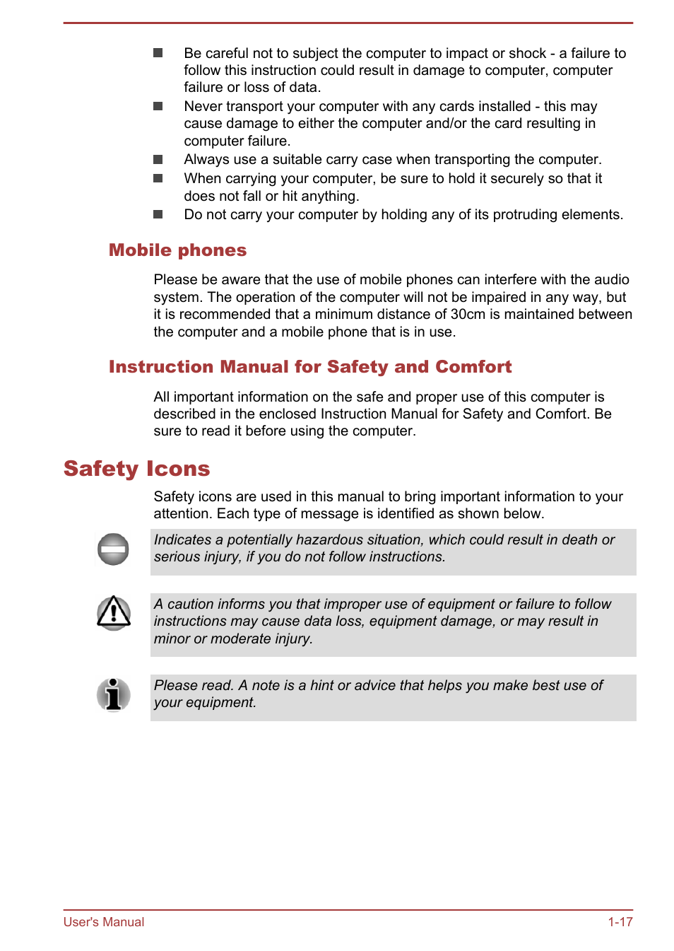 Mobile phones, Instruction manual for safety and comfort, Safety icons | Safety icons -17 | Toshiba WT8-B User Manual | Page 20 / 94