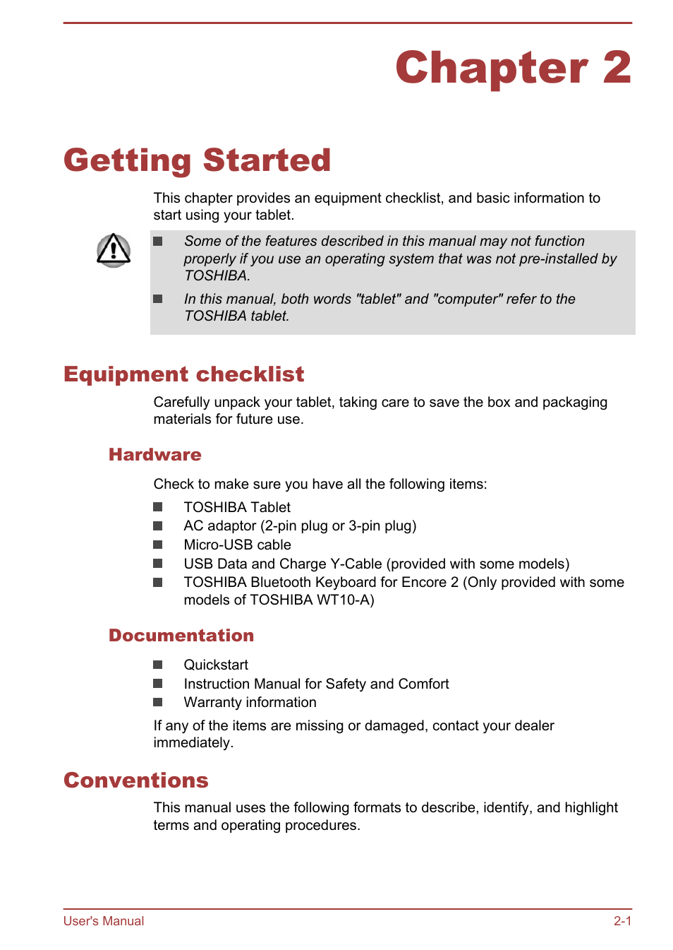 Chapter 2 getting started, Equipment checklist, Hardware | Documentation, Conventions, Chapter 2, Getting started, Equipment checklist -1 conventions -1 | Toshiba WT8-B User Manual | Page 21 / 94