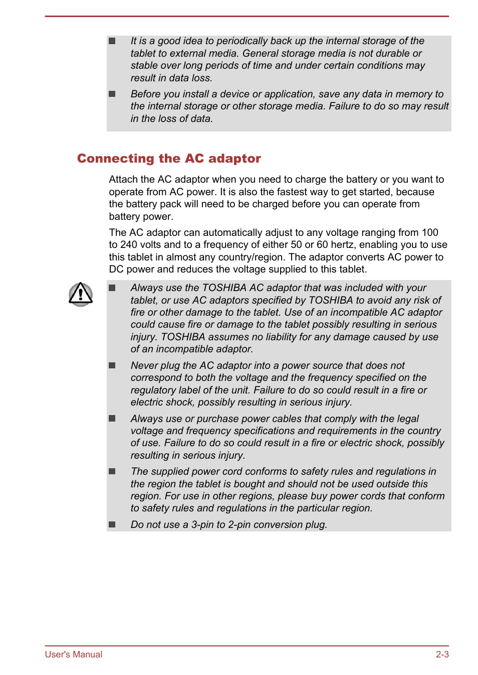 Connecting the ac adaptor | Toshiba WT8-B User Manual | Page 23 / 94