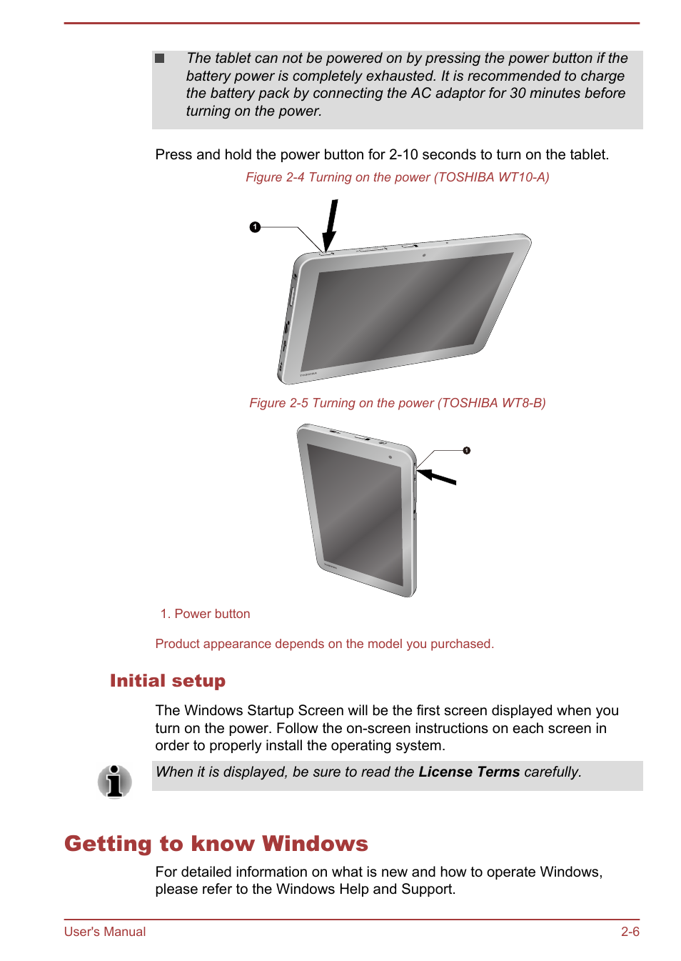 Initial setup, Getting to know windows, Getting to know windows -6 | Toshiba WT8-B User Manual | Page 26 / 94