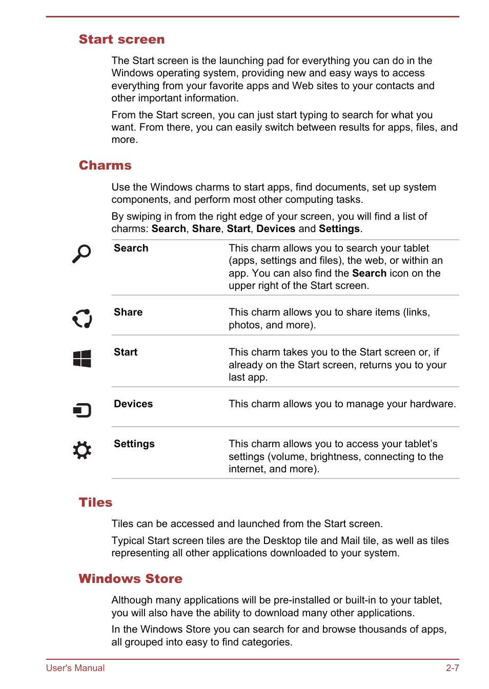 Start screen, Charms, Tiles | Windows store | Toshiba WT8-B User Manual | Page 27 / 94