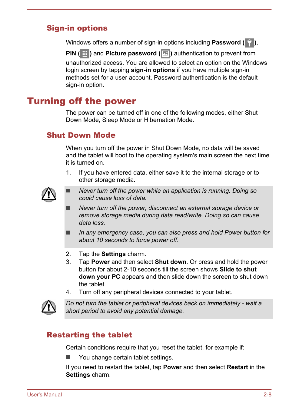 Sign-in options, Turning off the power, Shut down mode | Restarting the tablet, Turning off the power -8 | Toshiba WT8-B User Manual | Page 28 / 94