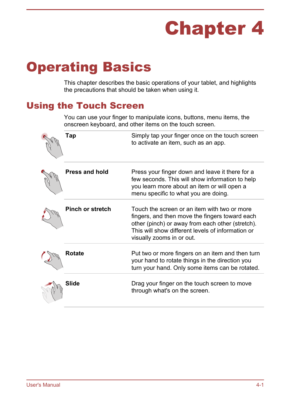 Chapter 4 operating basics, Using the touch screen, Chapter 4 | Operating basics, Using the touch screen -1 | Toshiba WT8-B User Manual | Page 41 / 94