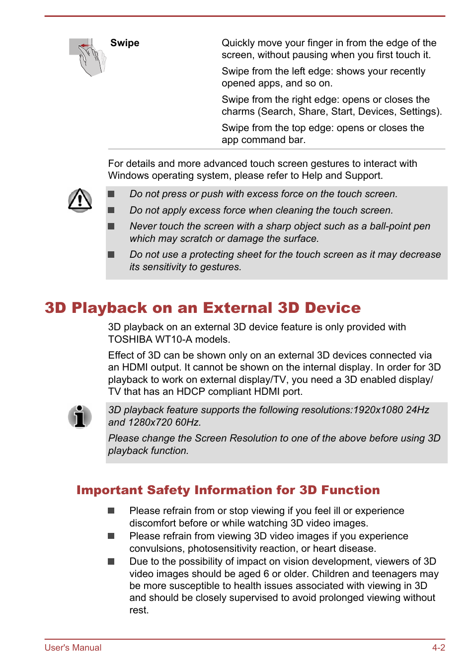 3d playback on an external 3d device, Important safety information for 3d function, 3d playback on an external 3d device -2 | Toshiba WT8-B User Manual | Page 42 / 94