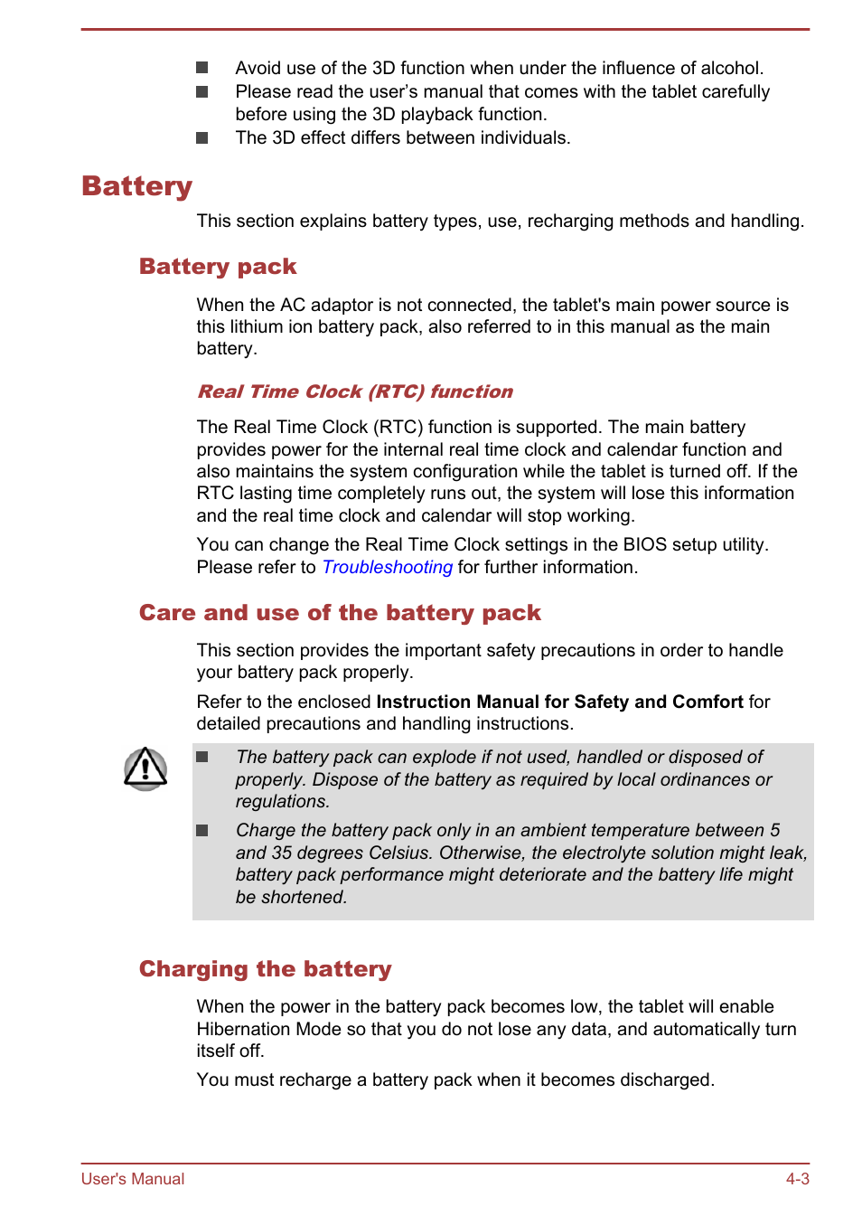 Battery, Battery pack, Care and use of the battery pack | Charging the battery, Battery -3 | Toshiba WT8-B User Manual | Page 43 / 94
