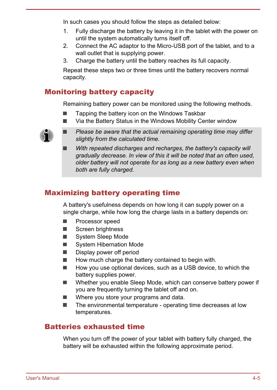 Monitoring battery capacity, Maximizing battery operating time, Batteries exhausted time | Toshiba WT8-B User Manual | Page 45 / 94