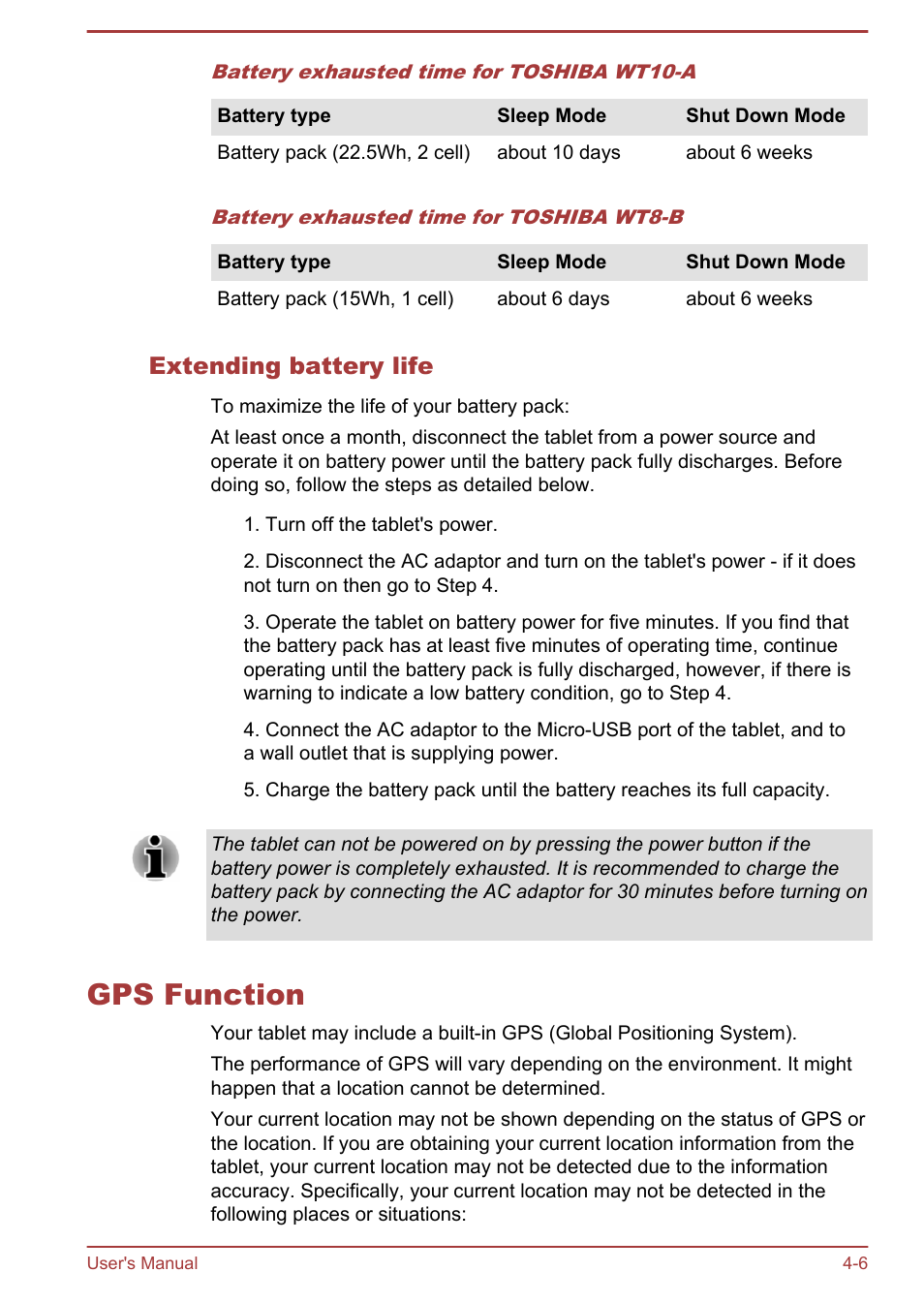 Extending battery life, Gps function, Gps function -6 | Toshiba WT8-B User Manual | Page 46 / 94