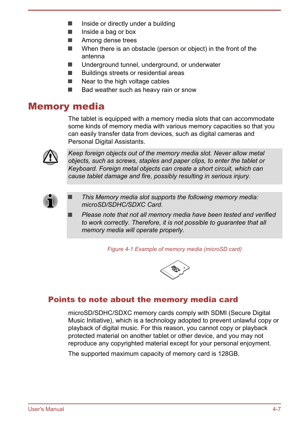 Memory media, Points to note about the memory media card, Memory media -7 | Sdxc™ memory card. refer to the, Memory, Media | Toshiba WT8-B User Manual | Page 47 / 94