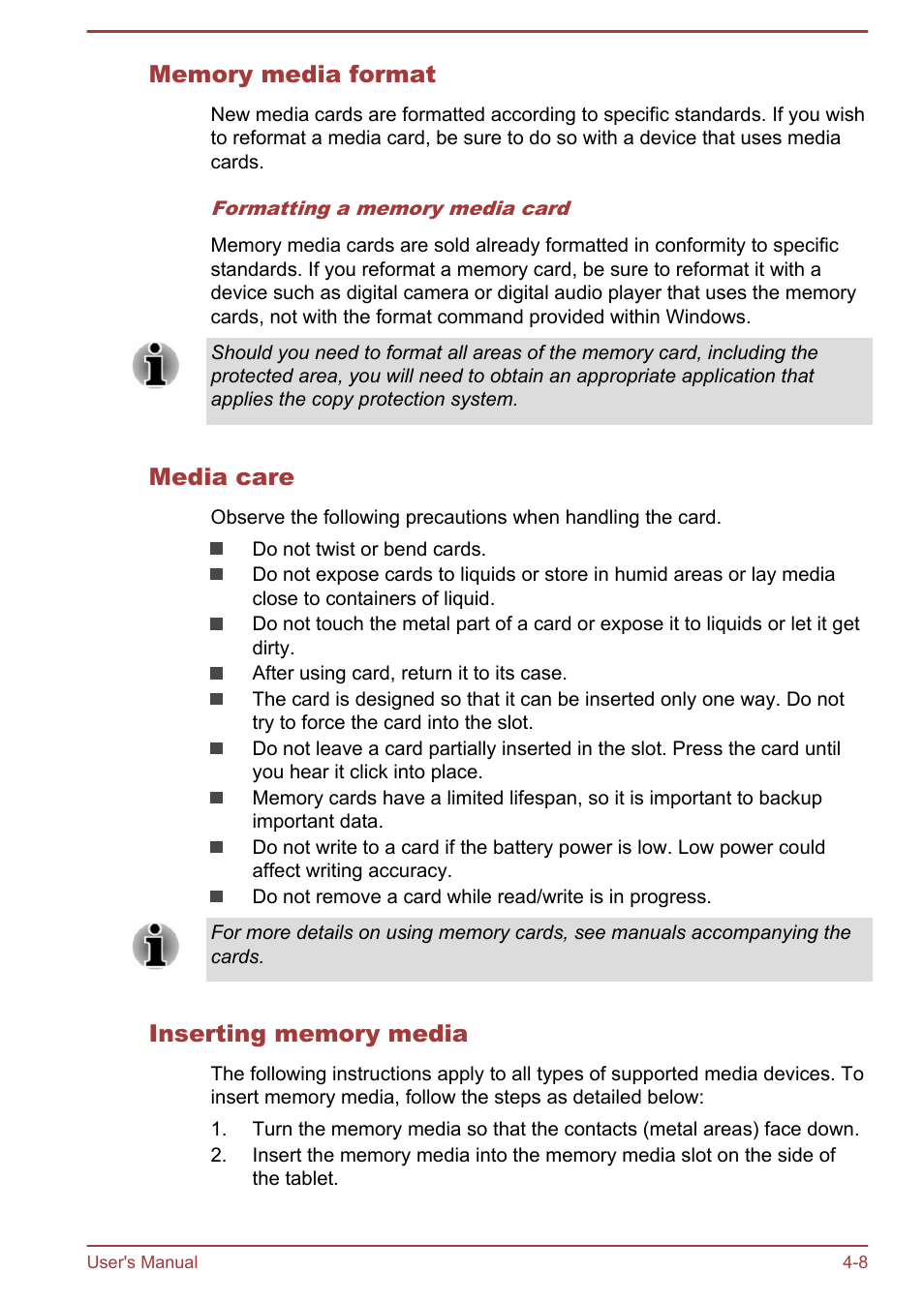 Memory media format, Media care, Inserting memory media | Toshiba WT8-B User Manual | Page 48 / 94